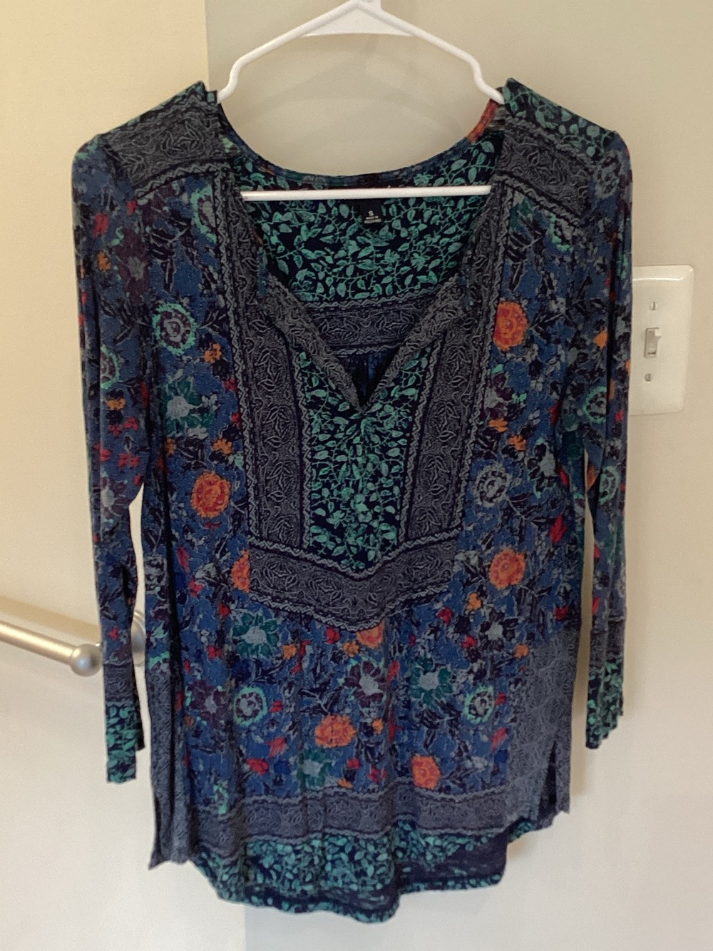 Lucky Brand Floral V-Neck Tunic in Teal, Navy and Orange